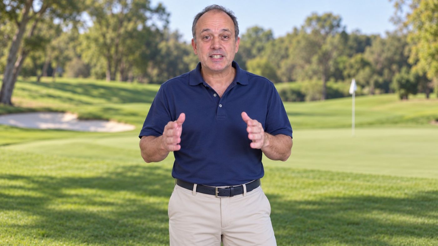 The channel's presenter standing on a golf course in a navy polo shirt